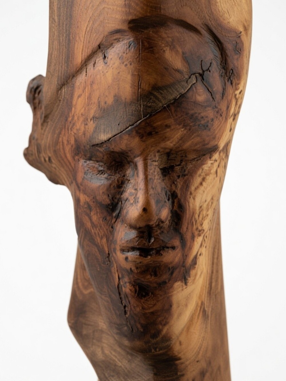 Hand Carved Wood Spirit Face Sculpture by JTC - 22" Live Edge Hardwood Art